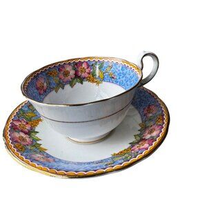 Aynsley Bone China Wild Roses Teacup & Saucer Set Blue Pink Gold England Vintage
